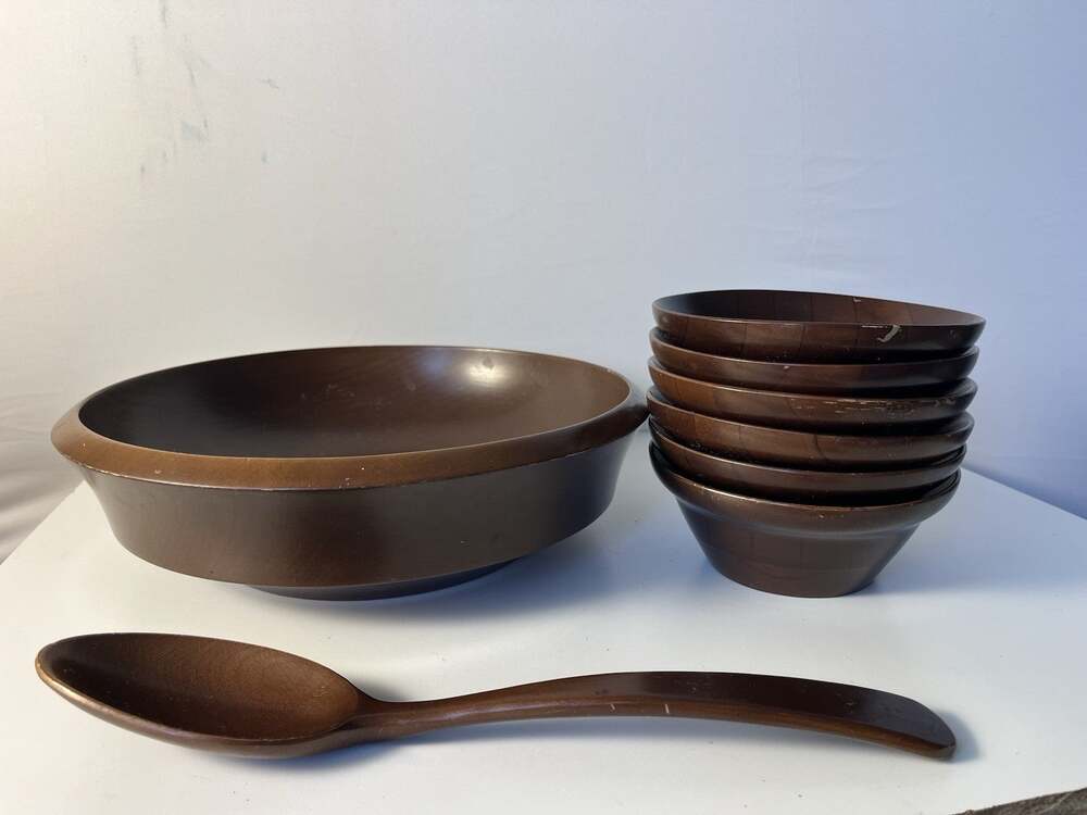 Vintage Woodpecker Woodware Japan Wooden Salad Bowl Set MCM Teak 8pc